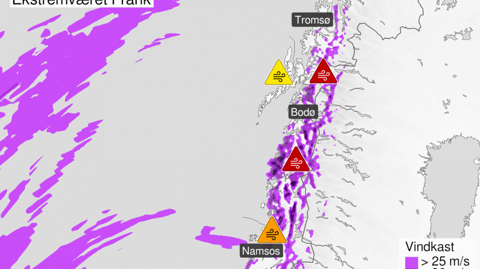 Prognoser for vindkast torsdag ettermiddag til fredag kveld. Foto: Meteorologisk institutt Prognoser for vindkast torsdag ettermiddag til fredag kveld. Foto: Meteorologisk institutt