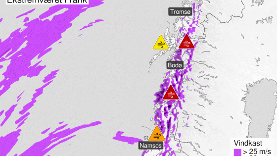 Prognoser for vindkast torsdag ettermiddag til fredag kveld. Foto: Meteorologisk institutt Prognoser for vindkast torsdag ettermiddag til fredag kveld. Foto: Meteorologisk institutt